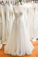 A-Line Sweep-Brush Train Lace Tulle Wedding Dress
